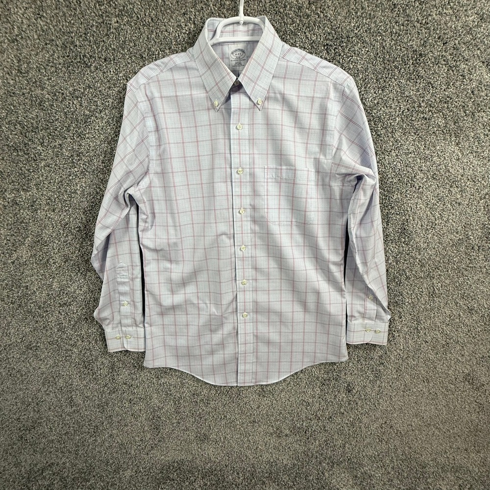Brooks Brothers 346 Mens 15-2/3 Slim Fit Non-Iron Plaid Button Down Shirt Blue